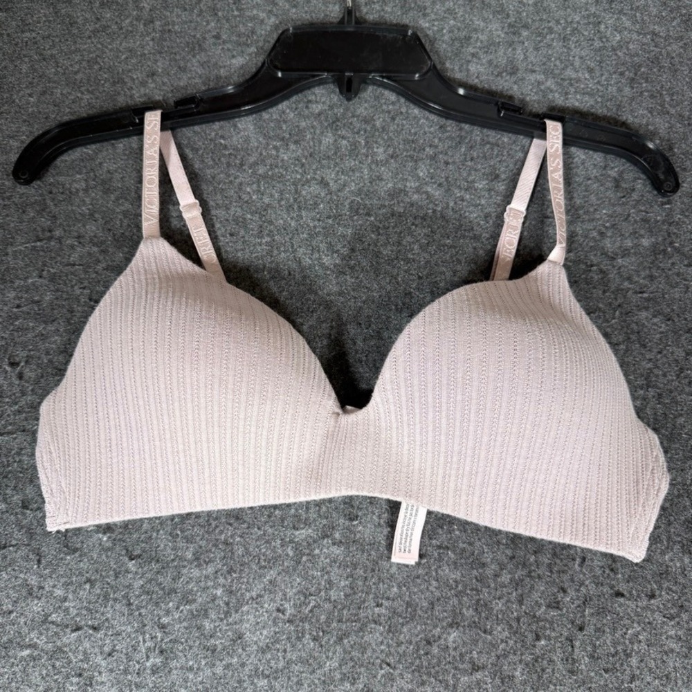 Victoria's Secret Wireless Ribbed Bra Mauve Logo Straps Lace Trim 36B